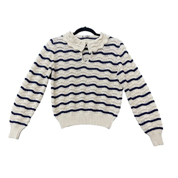 Vintage RK Knits Youth Sweater Girl Size 14  Knitted Striped Blue Beige Stretch - Picture 1 of 13